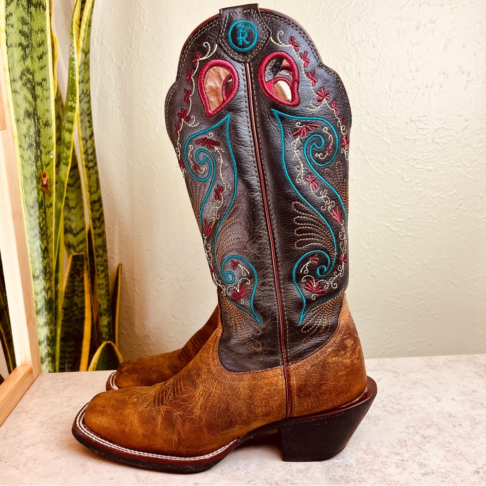 Tony Lama Brown Leather Western Heeled Boots with Turquoise & Red Embroidery - Picture 3 of 15